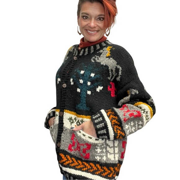 Chibcha Wool Artesian Cozy Heavy Knit Chunky Vintage Cardigan Horse Sweater - Picture 2 of 15